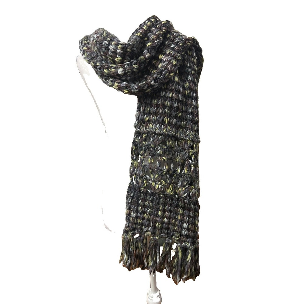 Free People Chunky Knit Fringe Scarf Gray Multi Wool Blend Oversized 86"